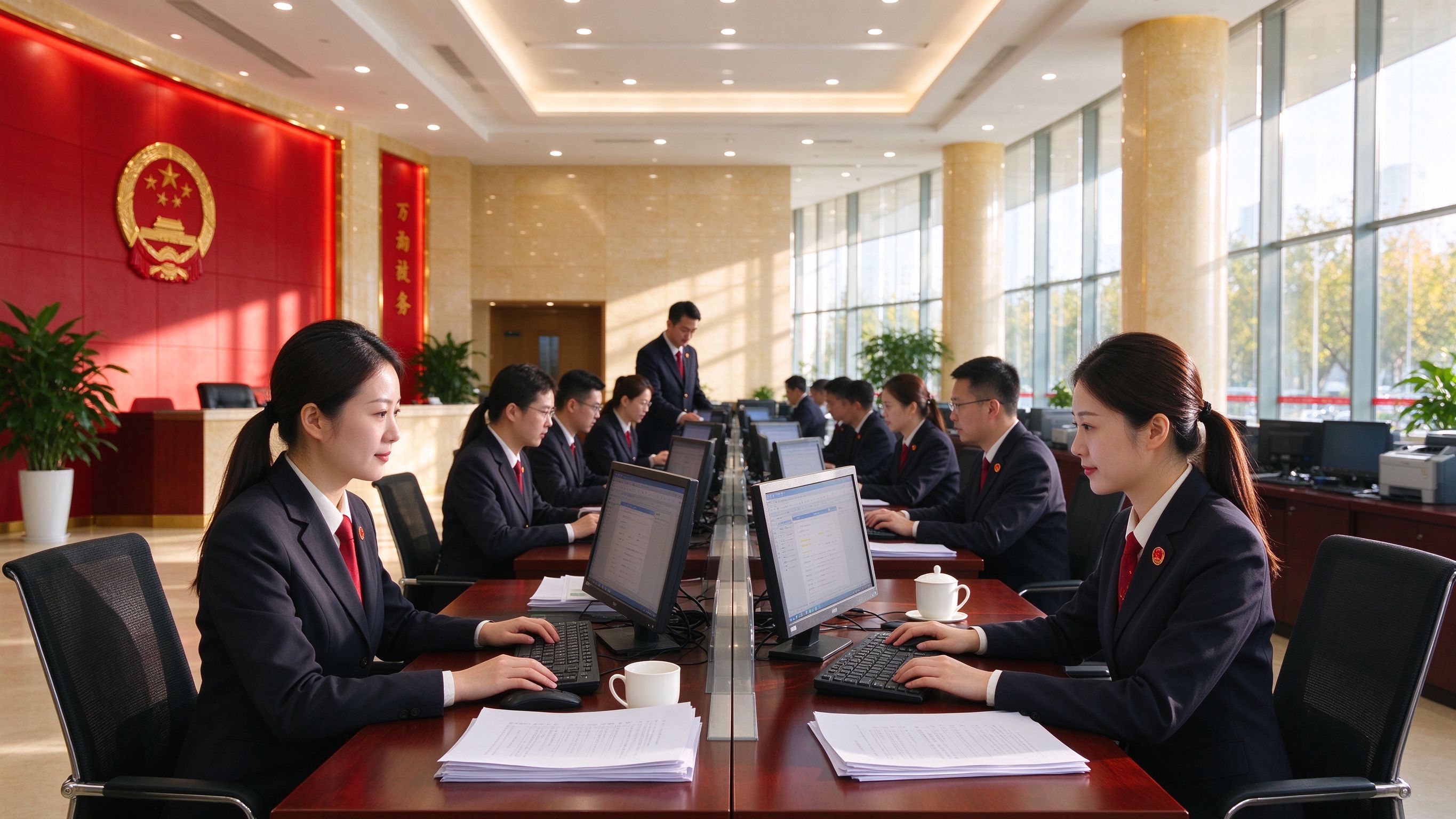 公务人员在政务办公大厅协同办公
